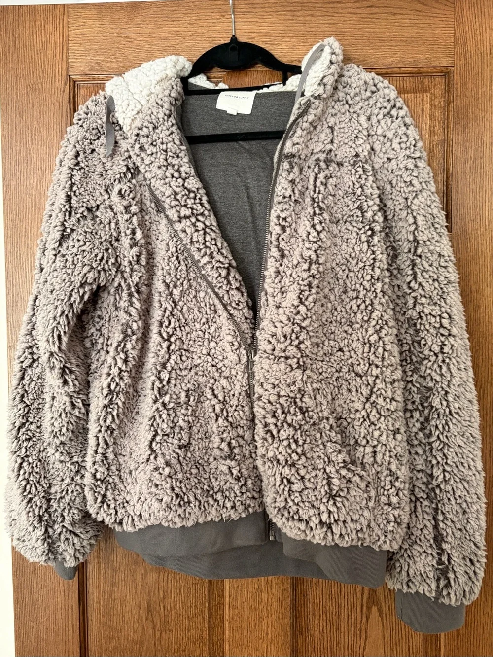 Thread & Supply Plush Sherpa Zip Hoodie in Taupe and Cream - Picture 2 of 9